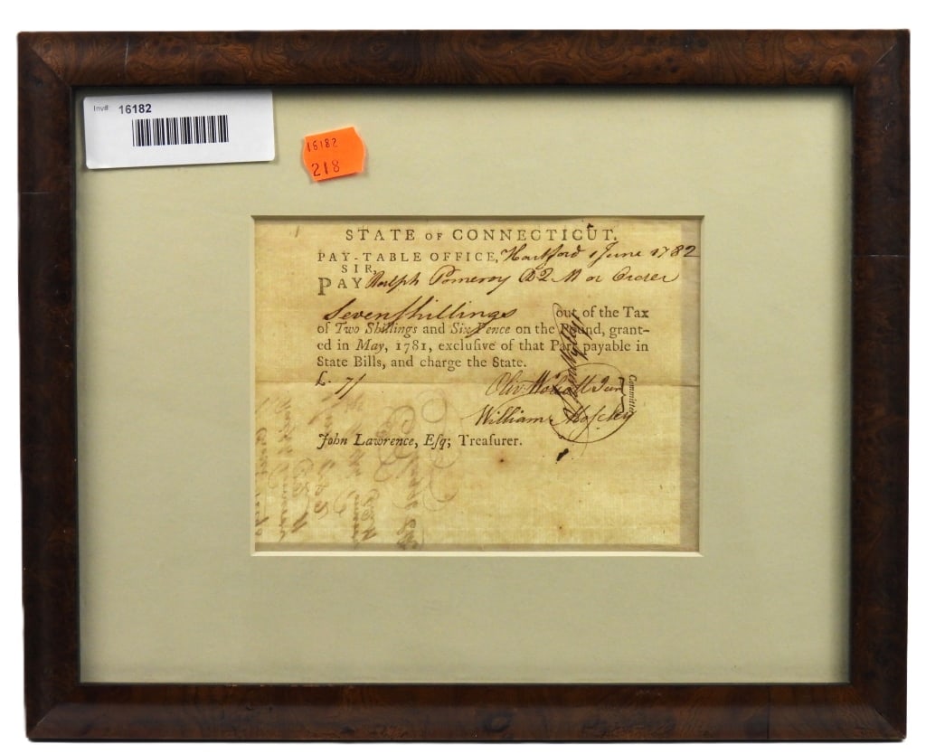 1782-Dated State of Connecticut Pay Order: State of Connecticut pay table dated June 1, 1782, to pay Ralph Pomeroy, Assistant Quartermaster, seven shillings, signed by the committee, Oliver Wolcott Junior, and William Moseley, with notations