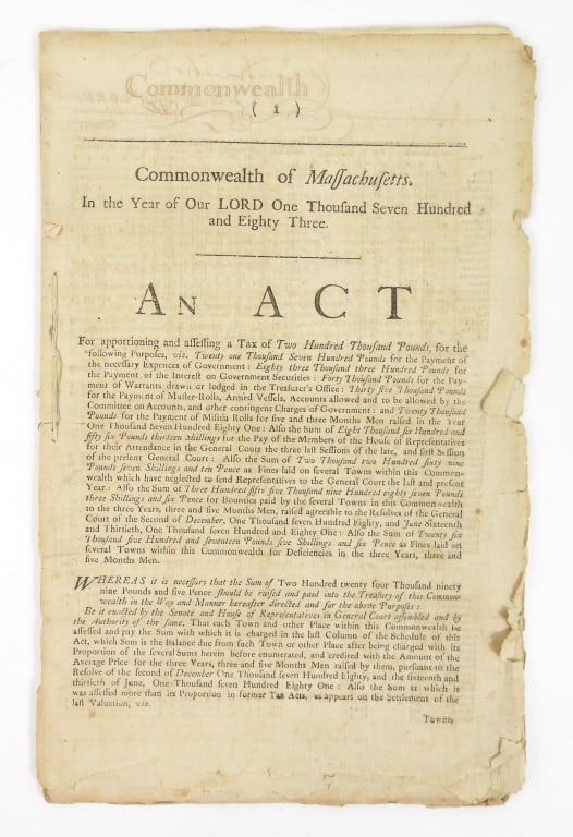 1783 Massachusetts Assessment and Tax Act: 1783 Commonwealth of Massachusetts assessment and tax act, eight pages long. United States C. 1783 Overall ht. 14" Overall wd. 9"
