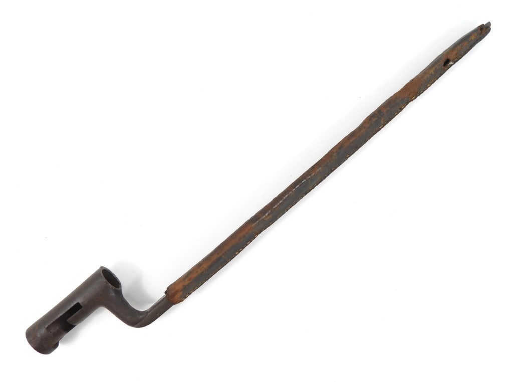 US Model 1816 Socket Bayonet and Scabbard: U.s. Model 1816 bayonet marked US/TA" on the base of the blade, with a partial leather scabbard. United States Blade lg. 16" Overall lg. 19 1/8"