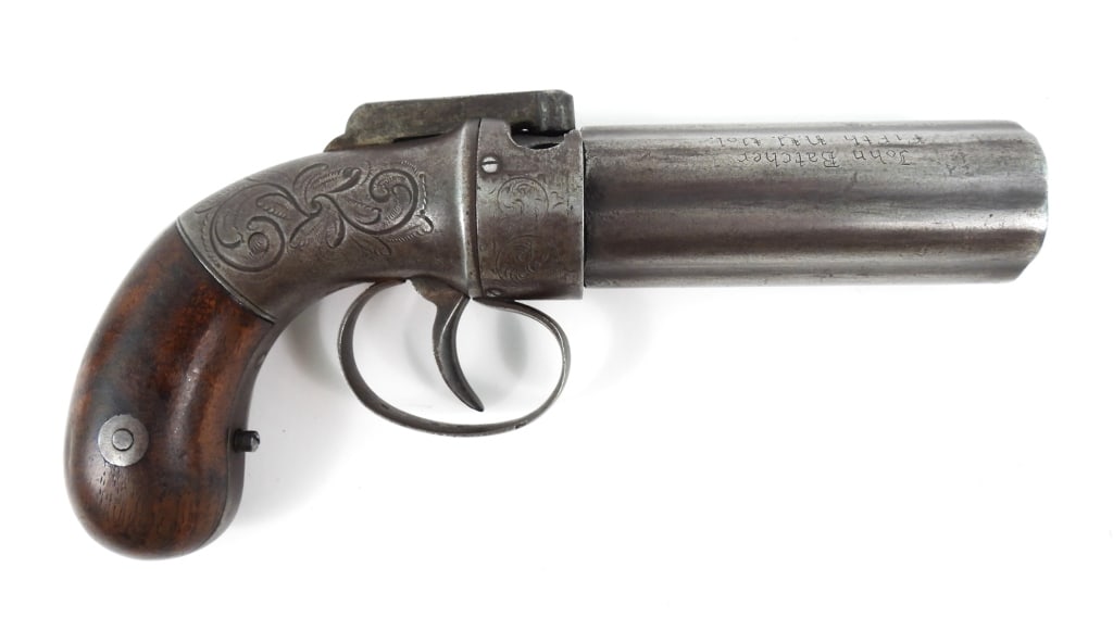 Identified Allen & Thurber Pepperbox Pistol: .32-caliber, marked "86" under the grips and on the frame, walnut grips, marked on the barrel "ALLEN THURBER & CO. WORCESTER", and engraved on the barrel "John Batcher/Fifth N.Y. Vol." United States