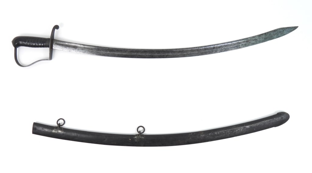 Nathan Starr Cavalry Saber and Scabbard: Iron hilt with P-shaped knuckle bow marked "1821", leather-wrapped wooden grip, steel blade marked "US/P/LS/N STARR" on the ricasso, with an iron scabbard with two carrying rings. United States C.