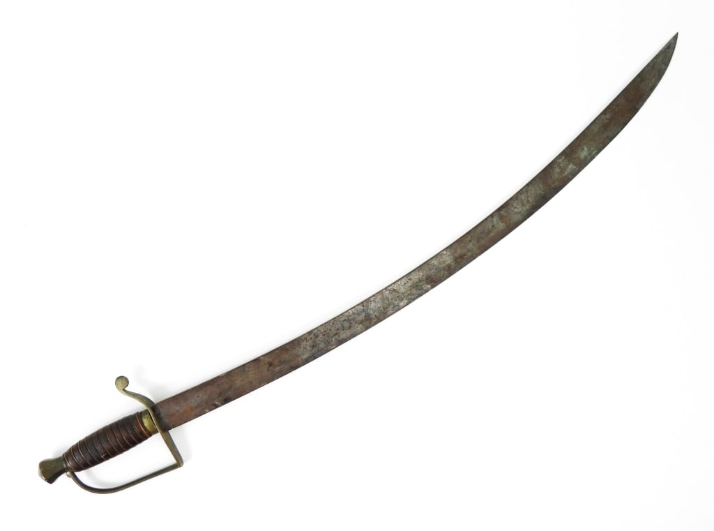 Stirrup-Hilted Militia Sword: Brass hilt with a faceted pommel, wooden grip with a copper wire wrapping, and a steel curved blade with a wide fuller running three quarters of the blade length. Continental C. 1800 Blade lg. 27