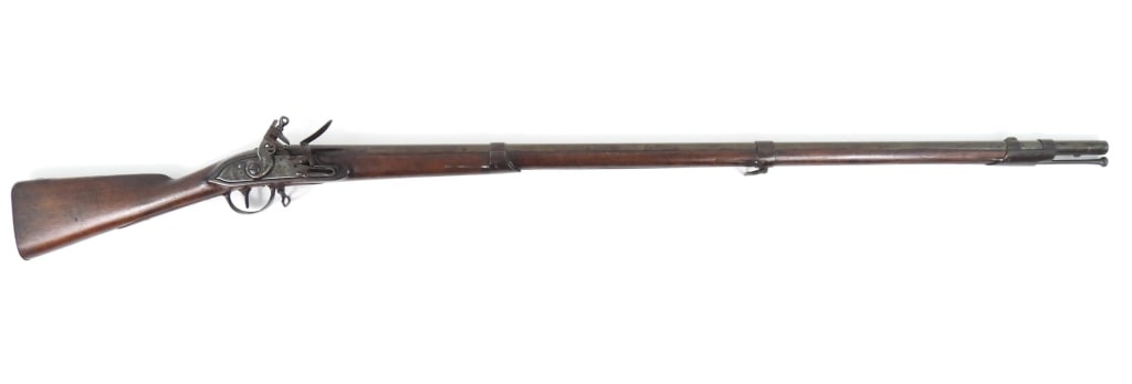 US Model 1808 French Contract Musket: .69-inch bore, NSN, underside bayonet lug, walnut stock with "V' and Oval cartouche L/S side flat, "D.M' in dot letters on side plate, steel fittings, lock marked with US and Eagle between hammer and