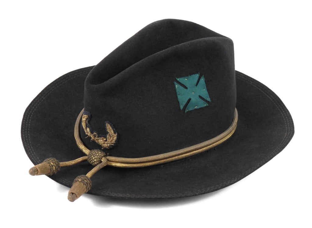 Identified Enlisted Man's Regulation Slouch Hat: Black felt regulation Hardee, or slouch hat, with a green 4th Division, 19th Corps cloth badge on the left side, an embroidered wreath on the front, gold hat cords, with three rows of stitching on