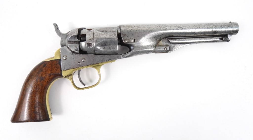 Colt Model 1862 Pocket Police Revolver: .36-caliber, serial number 15260 all matching (no serial on wedge), walnut grip, brass back strap and trigger guard, marked on the left side of the frame "COLTS/PATENT", marked on the cylinder "PAT.