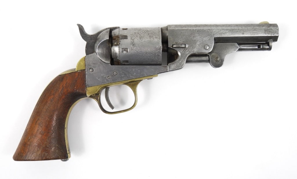 Manhattan Third Series Pocket Revolver: .36-caliber, serial number 23850 all matching, walnut grips, light cylinder scene, marked on the top of the barrel "MANHATTAN FIRE ARMS CO. NEWARK N.J." United States Barrel lg. 4" Overall lg. 9 1/2"
