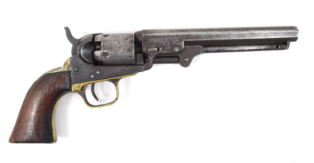 Colt Model 1849 Pocket Revolver: .31-caliber, serial number 179092 all matching except wedge, walnut grips (repair), left side of the frame marked "COLTS/PATENT", light cylinder scene, and the top of the barrel marked "ADDRESS SAML C