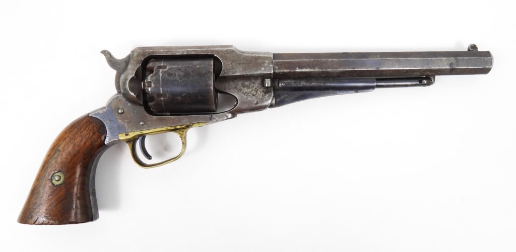 Remington Martial New Model Army Revolver: .44-caliber, serial number 47774, walnut grips with inspector's cartouche on the left side, brass tirgger guard, letters "C" and "H" stamped on the base of the barrel, frame, and cylinder, marked on