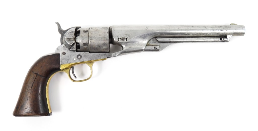 Colt Model 1860 Army Revolver: .44-caliber, serial number 114473 all matching including wedge, walnut grips with light inspectors cartouche marks on both sides, marked on the left side of the frame "COLTS/PATENT", marked on the
