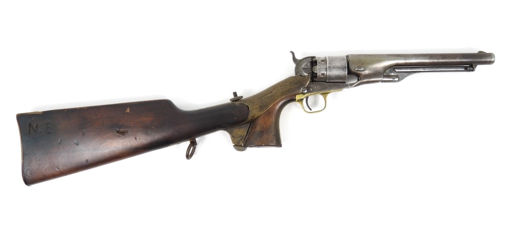 Colt Model 1860 Army Revolver and Shoulder Stock: .44-caliber, serial number 24096 all matching including wedge, walnut grips with light cartouche marks, marked on the left side of the frame "COLTS/PATENT", left side of the barrel near the wedge mark
