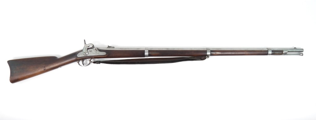 Rare Sarson & Roberts "New York" Contract Musket: .58-caliber, NSN, walnut stock with two cartouche marks on the left side, stamped "113/D" on the comb in front of the butt plate tang, steel fittings, lock marked with an eagle and "US./NEW YORK/1862"