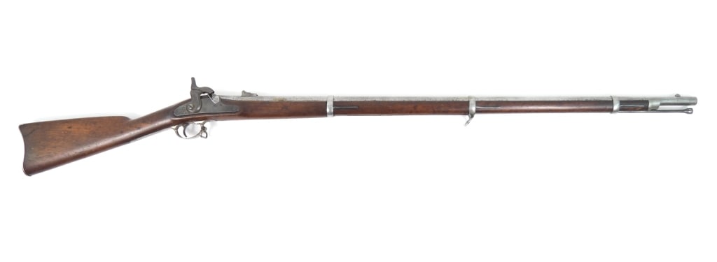 US Model 1863 Springfield Rifled Musket: .58-caliber, NSN, walnut stock with light cartouche marks on the left side, steel fittings, lock marked "1864" on the tail, marked in front of the hammer with an eagle and "U.S./SPRINGFIELD", breech