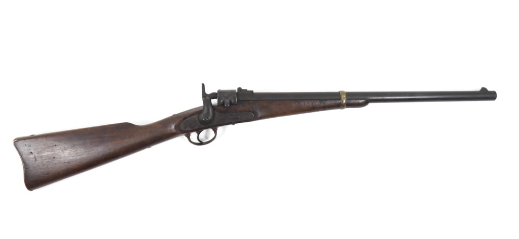Joslyn 1862 Carbine: .52-caliber, serial number 2289, walnut stock with two cartouche marks on the left side, brass butt plate, trigger guard, and barrel band, lock marked "JOSLYN FIRE ARMS CO/STONINGTON/CONN", and the