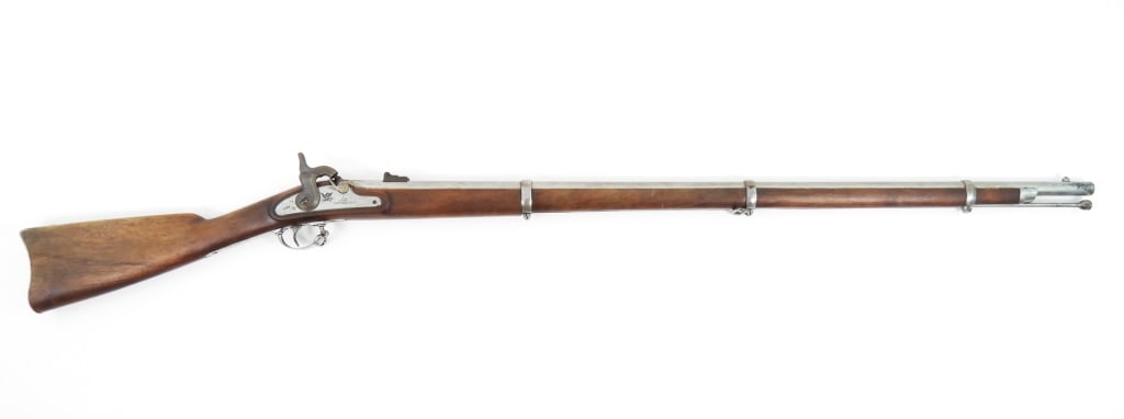 US Model 1863 Springfield Rifled Musket: .58-caliber, NSN, walnut stock with what looks like a new cartouche stamp, steel fittings, lock marked "1863" on the tail, marked in front of the hammer with an eagle and "U.S./SPRINGFIELD", barrel ma