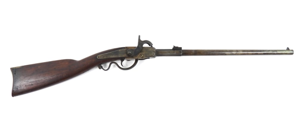 US Gwyn & Campbell Carbine: .52-caliber, serial number 3545, walnut stock, lock marked "GWYN & CAMPBELL/PATENT/HAMILTON O", and the right side of the frame marked "UNION/RIFLE". United States C. 1863-64 Barrel lg. 20" Overall