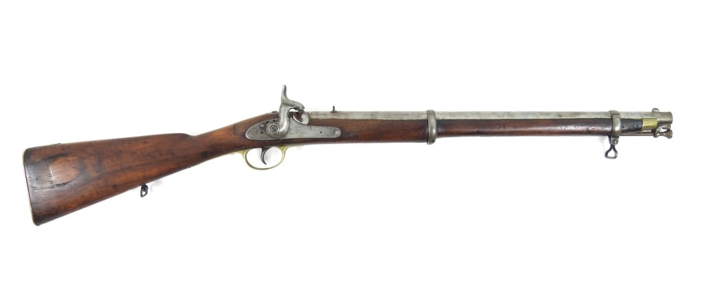 British Pattern 1853 Enfield Carbine: .577-caliber, NSN, walnut stock (repairs), brass butt plate and trigger guard, steel barrel bands, lock marked with a crown over "VR" on the tail and "1856/TOWER" in front of the hammer, proof marks