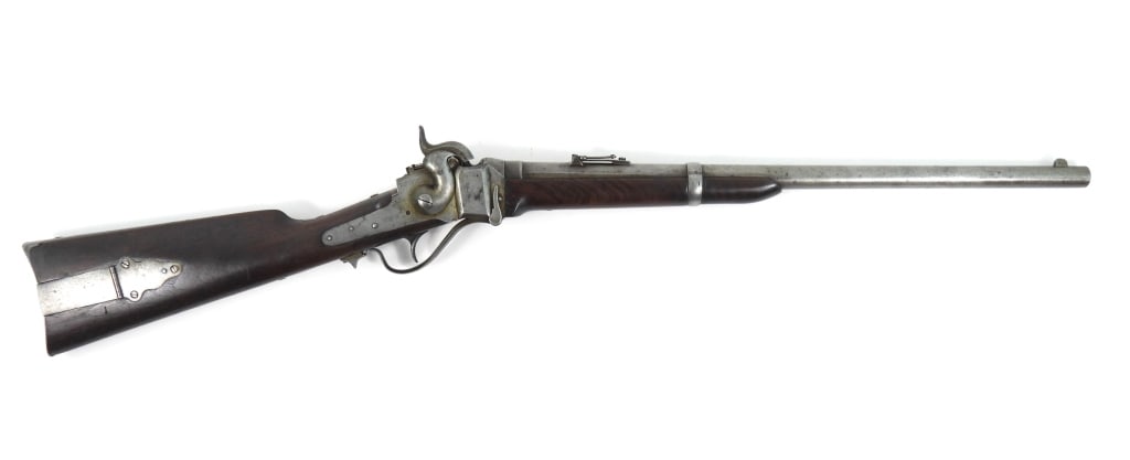 Sharps Transitional New Model 1863 Carbine: .52-caliber, serial number 71063, walnut stock with a light cartouche mark under the saddle ring bar, steel fittings, steel patch box with "DLM" stamped in the wood, marked "C. SHARPS' PAT/OCT. 5TH