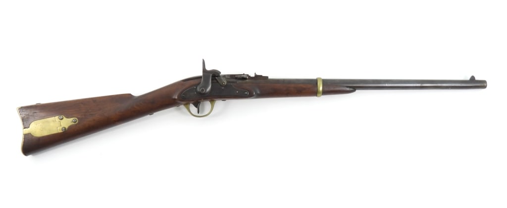 Merrill Type I Percussion Carbine: .54-caliber, serial number 8705, walnut stock with a cartouche on the left side, brass butt plate, patch box, trigger guard, and barrel band, marked on the lock "J.H. MERRILL BALTO./PAT. JULY.