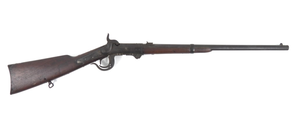 Burnside 5th Model Carbine: .54-caliber, serial number 17199, walnut stock with a cartouche mark on the left side, steel fittings, light markings on the right side of the lock plate, marked on the breech block "BURNSIDE PATENT/M