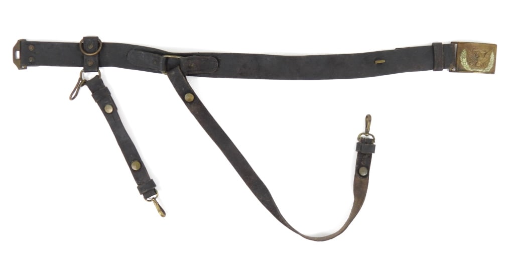 Civil War-era Model 1851 Mounted Buff Sword Belt: Blackened buff leather belt with sword hanging straps, brass fittings, and a brass Model 1851 buckle with an applied wreath. United States C. 1850-60s