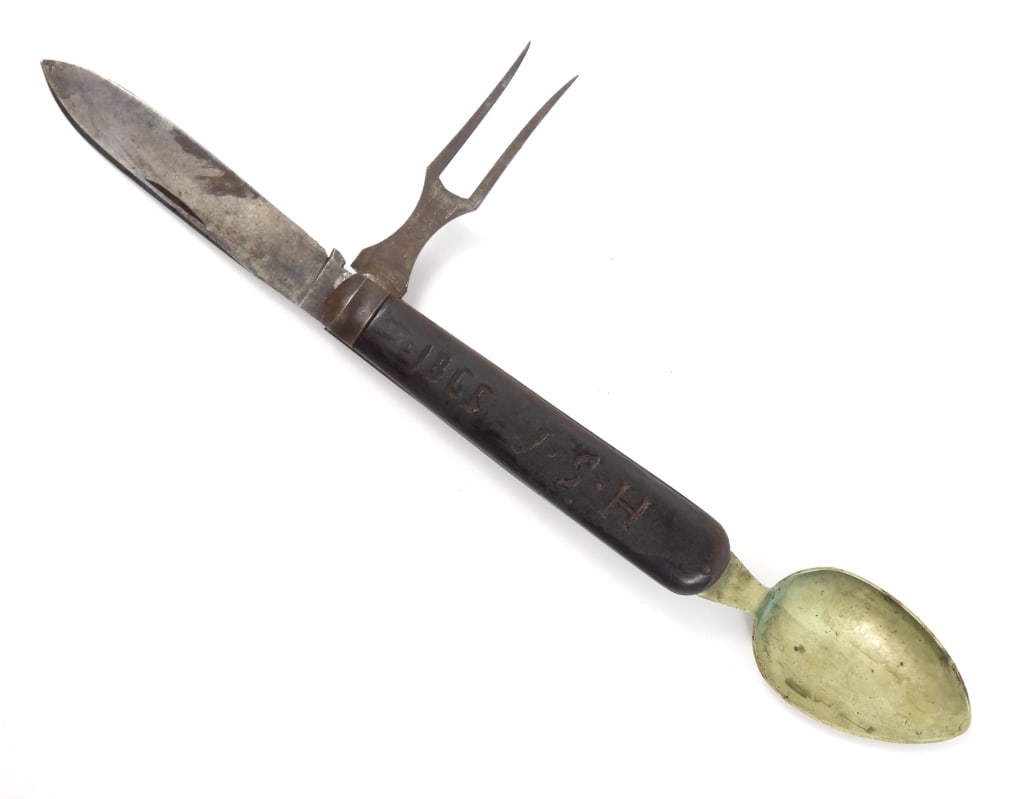 Civil War Combination Knife, Fork, and Spoon: Combination knife, fork, and spoon with a walnut grip marked "1865 J.S.H", base of the fork marked "ARMY KNIFE/UNION", and the base of the blade marked "UNION/KNIFE CO/NAUGATUCK" United States C. 1865