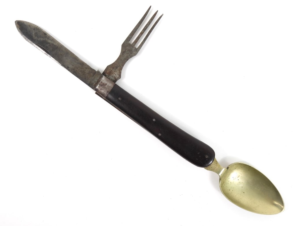 Civil War Combination Knife, Fork, and Spoon: Combination knife, fork, and spoon with a walnut grip, and the base of the blade marked "J. WARD/BROWNSVILLE/NEW YORK". United States Overall closed lg. 4 5/8"