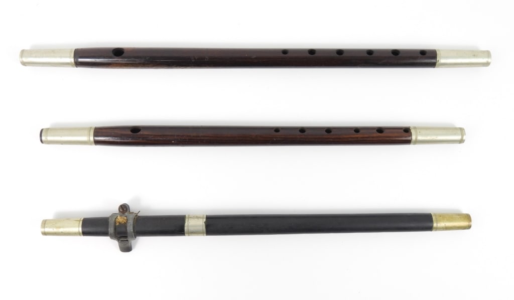 Three Crosby Civil War-era Fifes: A George Cloos Crosby fife with German silver ferules and a cheater; and two George Cloos Crosby fifes with German silver ferules. United States Lg. 15 1/2" to 17"