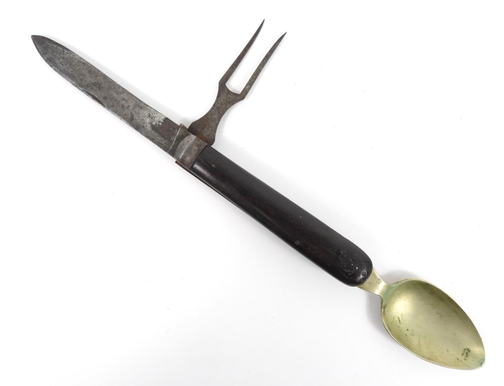 Civil War Combination Knife, Fork, and Spoon: Combination knife, fork, and spoon with a walnut grip, base of the fork marked "ARMY KNIFE/UNION". It is also marked on the inside frame "G.B. TWITCHELL" United States Overall closed lg. 4 5/8"