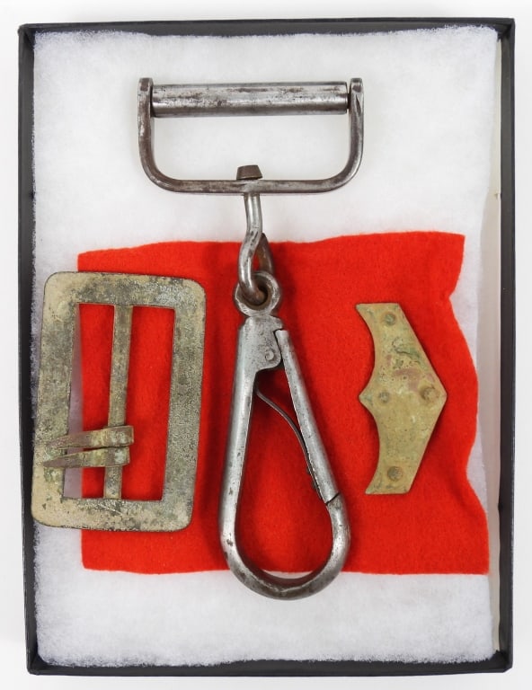 Civil War Cavalry Carbine Sling Hardware: Dug cavalry carbine sling brass strap tab, brass buckle, and swivel marked "E. GAYLORD/CHICOPEE/MASS." and "T.J. SHEPARD". United States