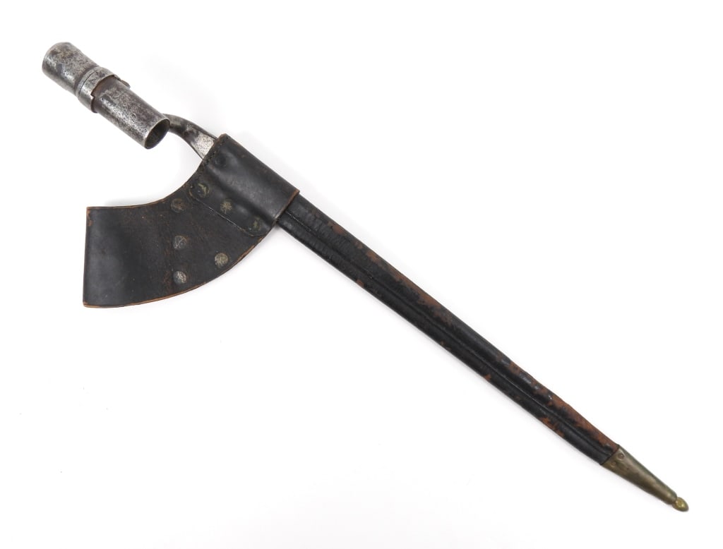 Civil War-era Bayonet and Scabbard: Black leather scabbard marked "WATERTOWN/ARSENAL" on the frog, copper rivets, and a bayonet marked "US" (collar broken). United States C. 1860s Average overall lg. 21 1/2"