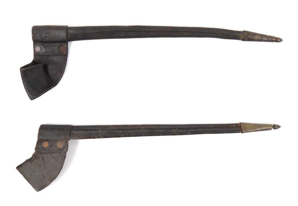Two Early Civil War Bayonet Scabbards: Two leather two rivet bayonet scabbards with brass tips with no visible makers stamps. United States Overall lg. 18"