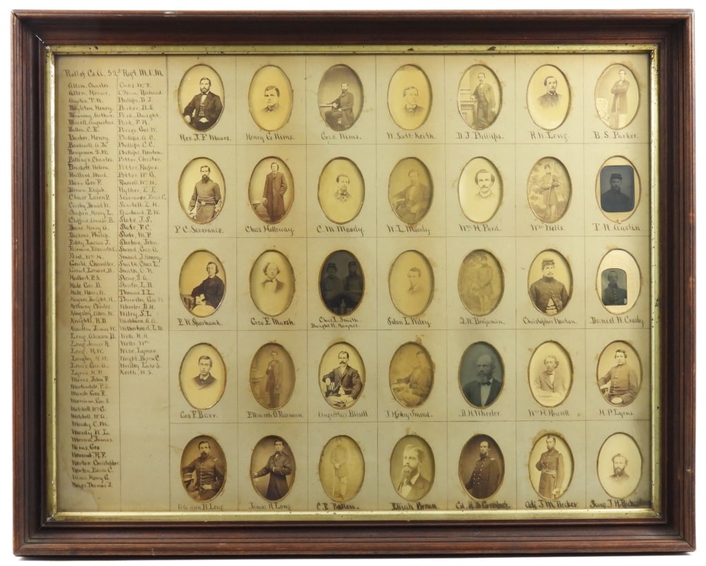 52nd M.V.M. Company "A" Roster & Images: Framed roster of Company "A" of the 52nd Massachusetts Volunteer Militia with hand-written names on the left side with thirty-five CDV and tintype images of members of the company, with fourteen in