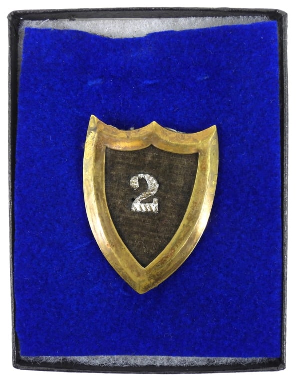 Civil War 23rd Corps, 3rd Division Badge: Brass shield with dark blue backing and a "2" in the middle, with wires on the back for attaching to a hat; and a CDV of General Hooker. United States Overall ht. 2" Overall wd. 1 1/2"