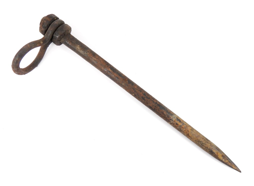 Civil War Cavalry Picket Pin: Forged iron picket pin with a figure-8 ring on the top. United States Overall lg. 15 7/8"