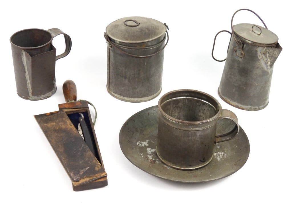 Group of Civil War-era Tin Ware: A tinned iron cup marked "PC CO"; a tinned iron small coffee pot and cover; a tinned iron boiler and cover; a tinned iron plate; a tinned iron shaving cup; and a straight razor marked "FABYAN KNIFE/CO