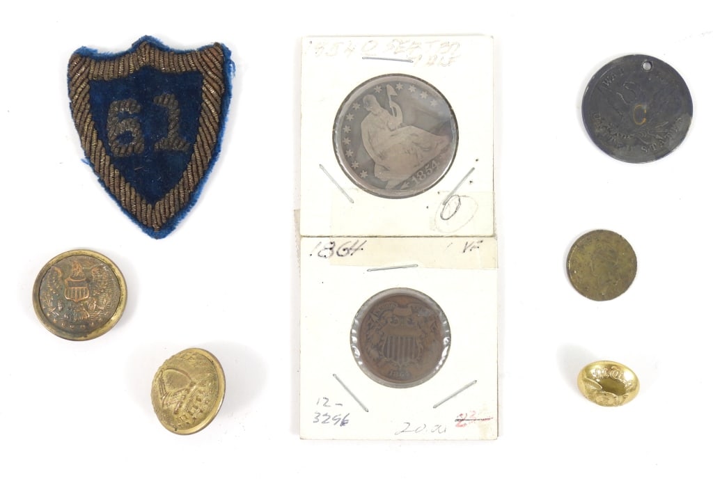 Group of Civil War-era Items: A dug ID disc marked "WAR OF 1861" with an eagle on the face, crudely stamped "SAML/BROWN/V R.I." on the back; a worn 1863-dated patriotic token with markings on the back; a coat-size Massachusetts