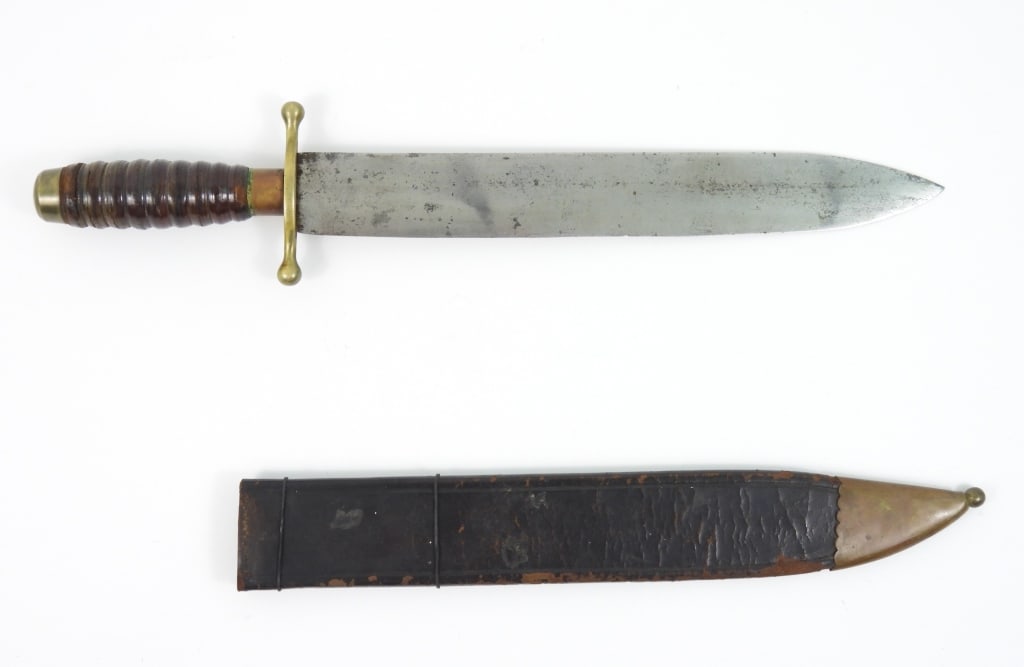 Collins Civil War-era Hospital Corps Machete Knife: Brass pommel, stacked leather washer grip, brass cross guard, steel blade marked "COLLINS&CO./HARTFORD" near the base of the blade, and a black leather scabbard with brass fittings. United States C. 1