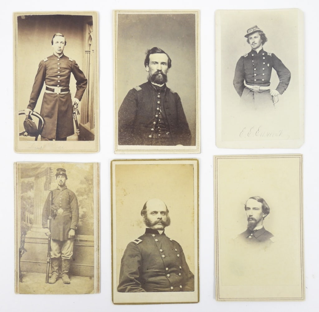 Six Civil War CDV's: An officer with his sword marked "Lieut. Pierce" and a Salem, Massachusetts back mark; an enlisted soldier with forage cap, musket, bayonet, and boots with a note on the back that it is a "R. Martin";