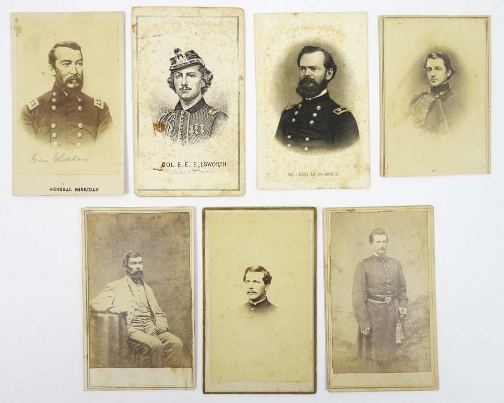Seven Civil War CDV's: An image of an officer wear a frock coat, shoulder straps, belt, sash, and sword; an image of General Sheridan; an image of General McPherson; an image of Governor Sprague of Rhode Island (clipped bot