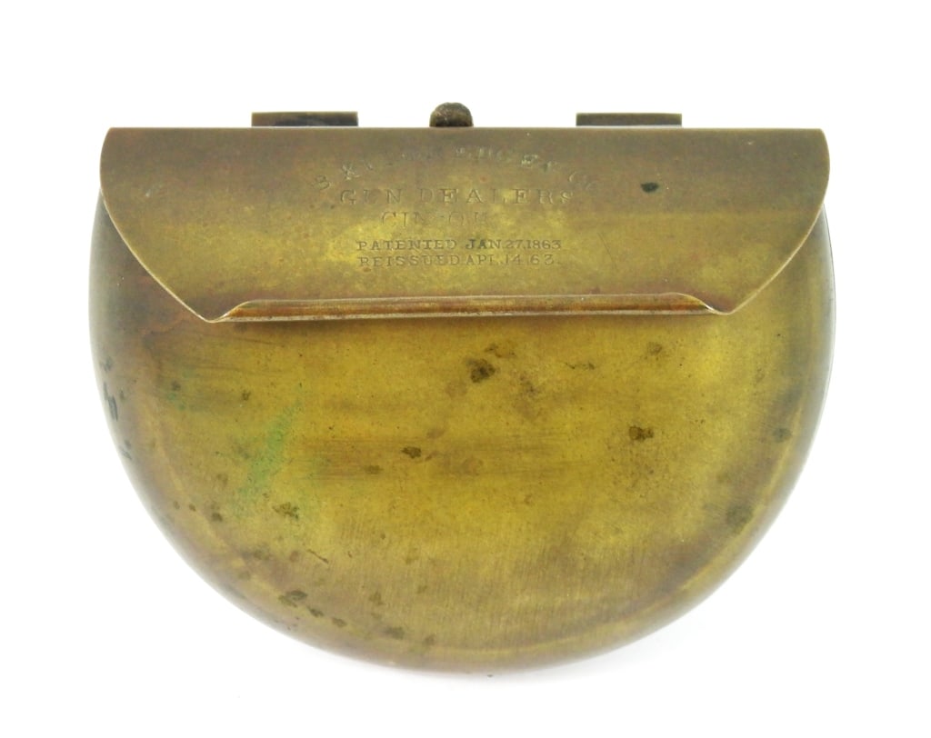 Civil War Kittredge & Co. Brass Cartridge Box: Cartridge box with lid marked "B. KITTREDGE & CO/GUN DEALERS/CIN OH/PATENTED.JAN.27.1863/REISSUED. APL.14.63." with two belt loops on the back and a steel spring. United States C. 1863-65 Overall ht. 
