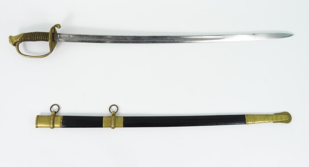 Identified Roby Model 1850 Foot Officer's Sword: Gilt brass hilt with foliate designs, shagreen and wire-wrapped grip, blade marked "IRON PROOF" on the spine, marked "C. Roby & Co./W. Chelmsford/Mass." on the ricasso, blade engraved with foliate