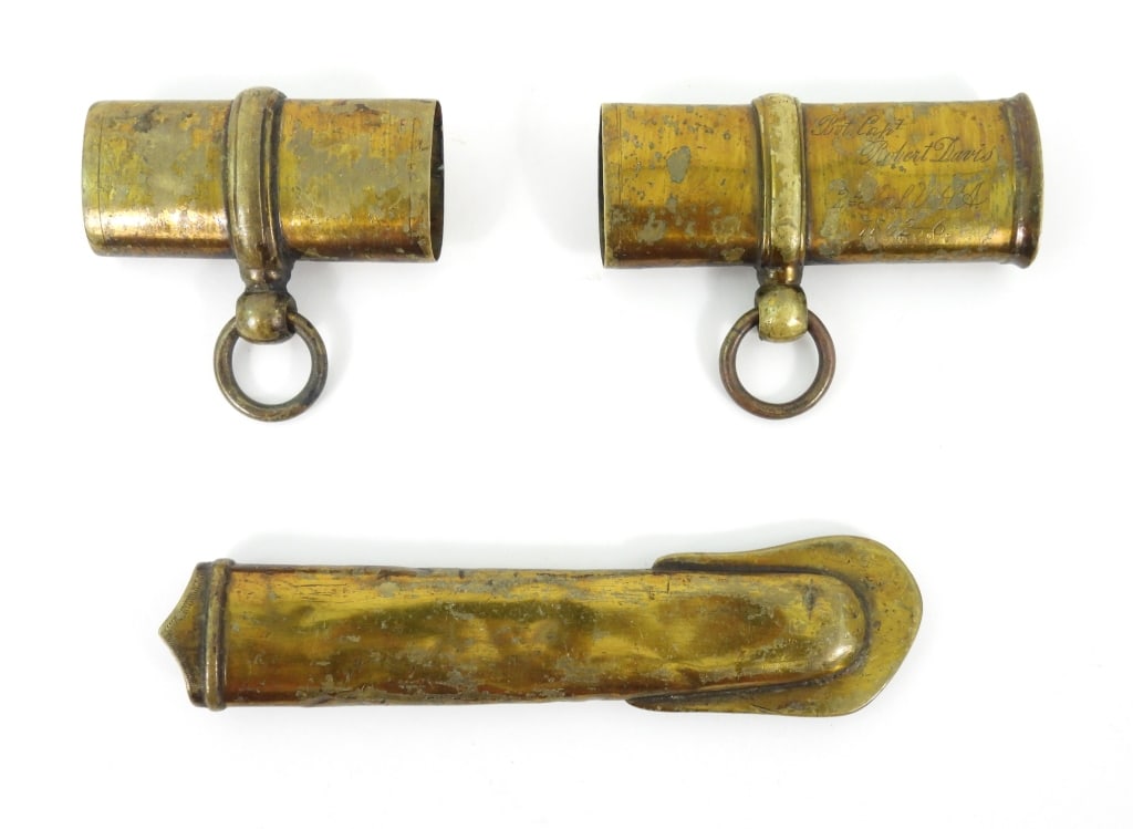 Identified Officer's Sword Fittings: Brass throat marked "Bvt. Capt./Robert Davis/2d Inf. U.S.A./1862-66", with the middle band and drag. Note: Robert Davis was born on April 29, 1832, in Needham, Massachusetts. Records in "Massachusetts