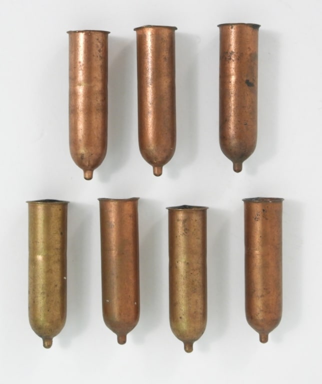 Seven .32-Caliber Teat Fire Cartridges: Seven unfired non-dug .32-caliber teat fire cartridges. United States C. 1864 Overall lg. 1.27"