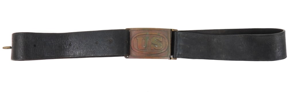 US Model 1872 Enlisted Man's Belt and Buckle: Cast-brass rectangular buckle with "US" in an oval, with the brass attachment, and black leather belt with a brass attachment hook. United States