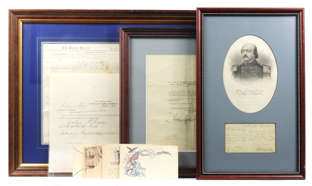 Group of Military Documents: Five Civil War patriotic envelopes; 1865-dated court martial document for William Cally of the Veteran Reserve Corps; a framed note dated April 28, 1872, from Benjamin Butler and signed at the