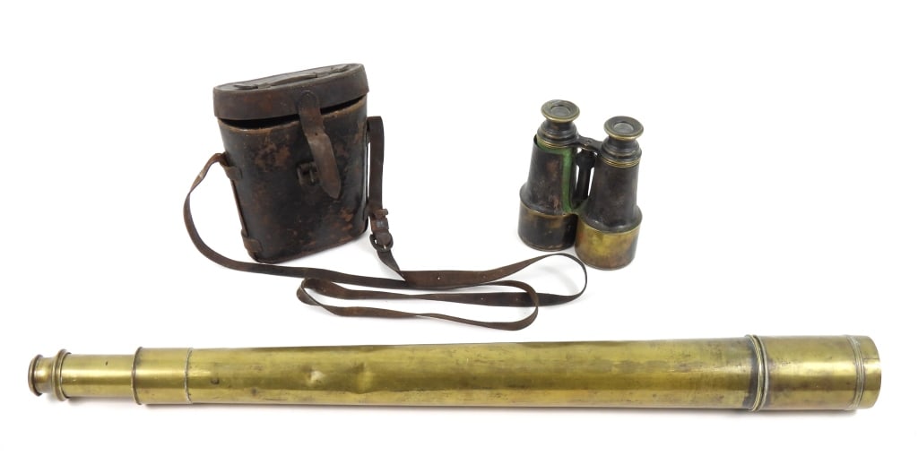 Telescope and Binoculars: A brass telescope marked "Spencer Browning & C0./London/Improved" near the eye piece; and a pair of unmarked binoculars in a leather case.