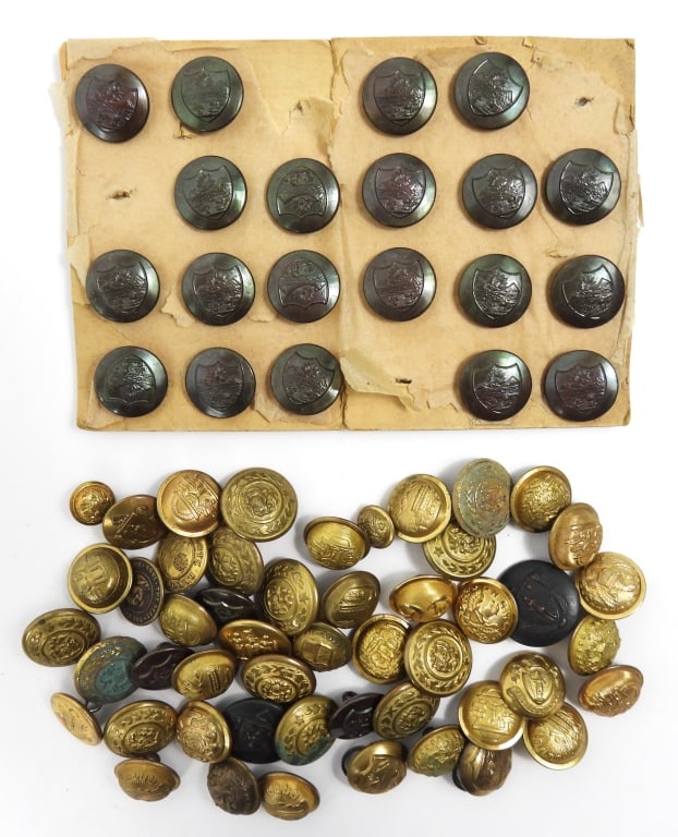 Large Group of Post Civil War Buttons: A group of coat-size New York City Police Department buttons; Massachusetts; General Staff; Ohio; New York; Georgia; and others. United States