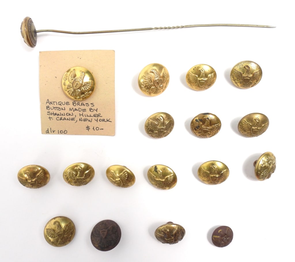 Group of Post Civil War General Service Buttons: Group of general service buttons by various makers, a button with a pin, one on a card with an "I" in the shield, and one with an "A" in the shield. United States