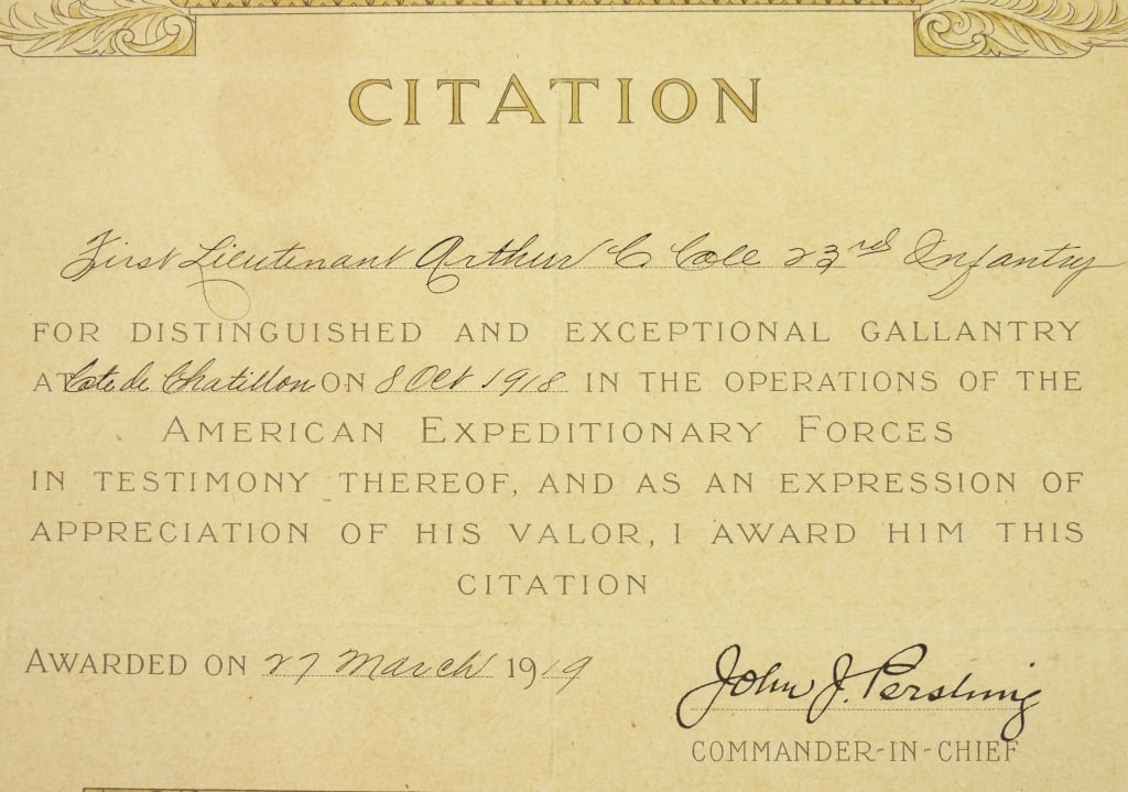 Pershing-Signed Citation for Lt. Arthur C. Cole - 2