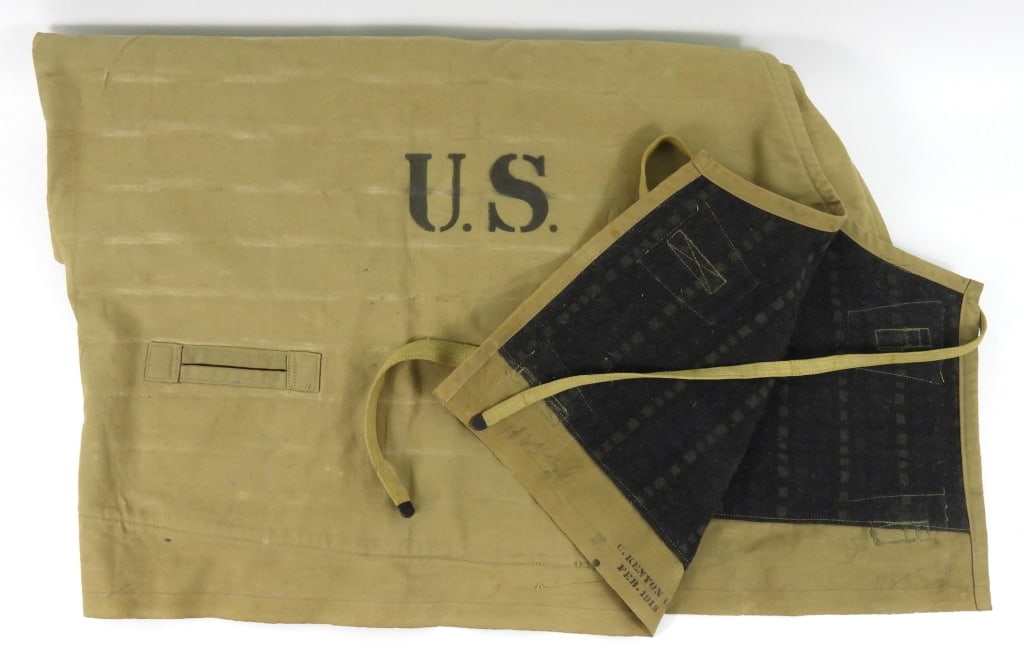 US WWI Horse Blaket/Cover: Khaki canvas horse cover marked "U.S." on both sides, with blanket material on the inside, marked "C. KENYON CO./FEB. 1918". United States C. 1918